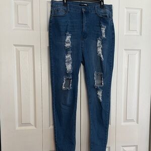 Fashion Nova Dark Blue Distressed Skinny Jeans